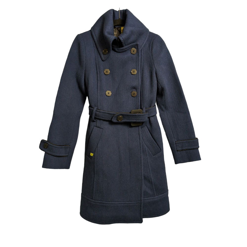 Soia & Kyo Double Breasted City Trench Pea Coat Wool Pockets Navy Blue S